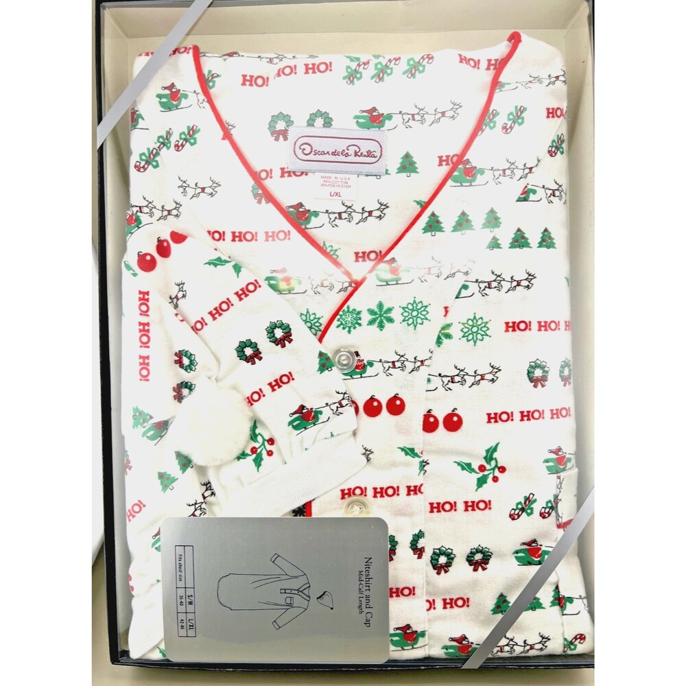 Vtg Deadstock Oscar de la Renta Mens L/XL Christmas Niteshirt & Cap Set USA Made